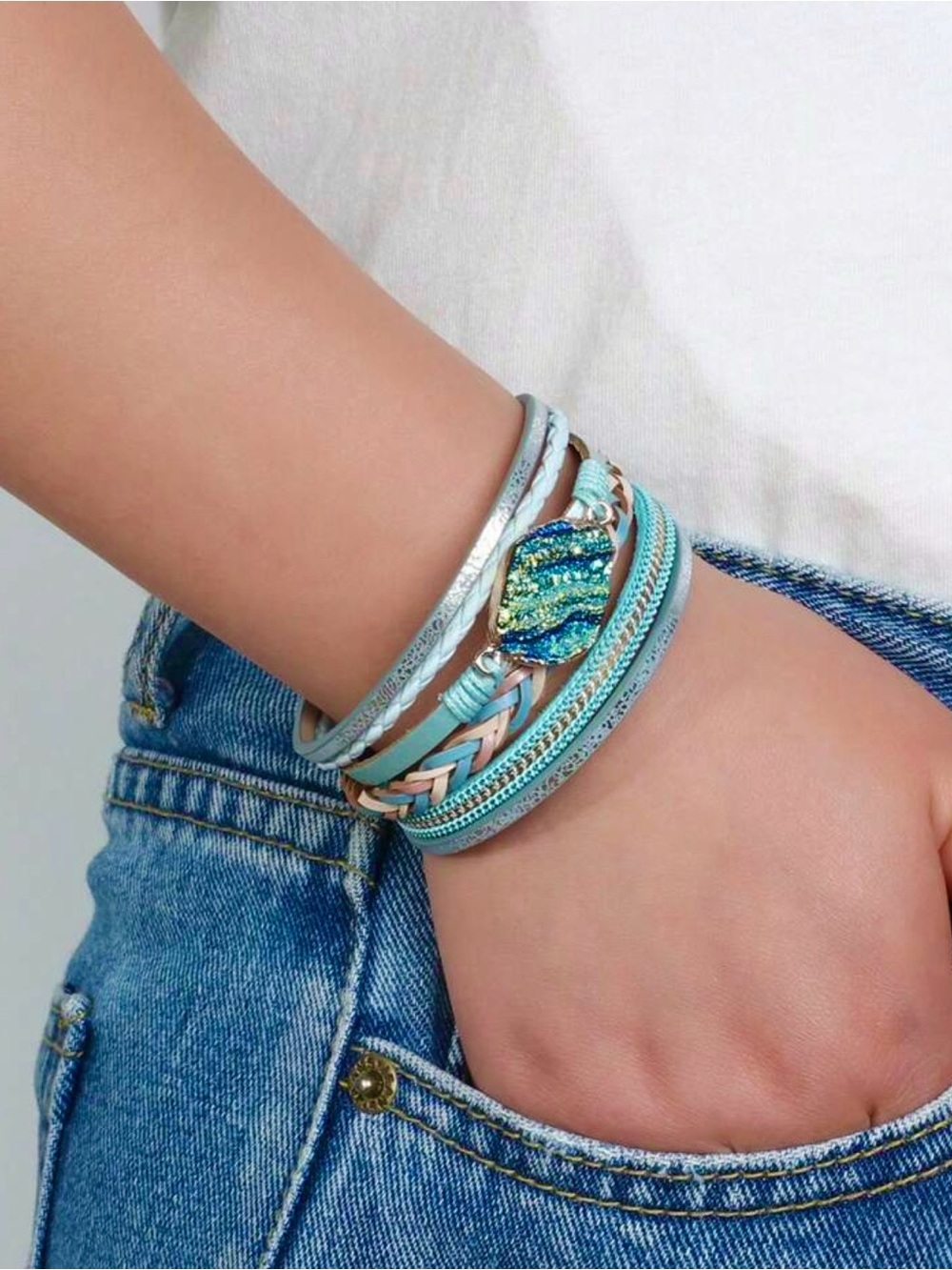Turquoise Multi-Strand Druzy Wrap Bracelet - Women Jewelry